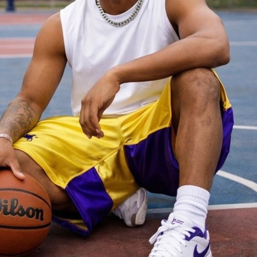RARE VTG‎ Dunk Basketball Shorts Men Yellow Purple Shiny Dazzle Silky *No Size*